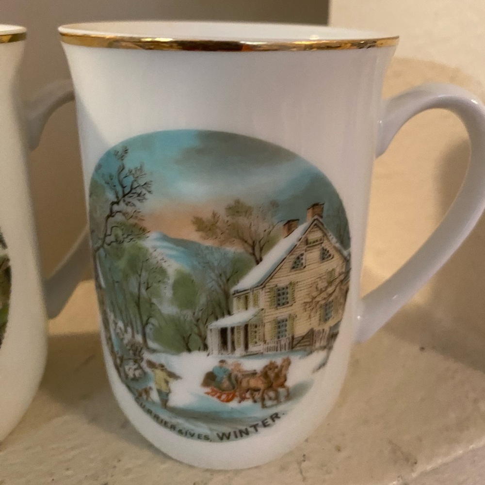 Currier & Ives. Winter Mugs. . Set of 4. Never Used. Vintage. Japan. - Picture 5 of 11